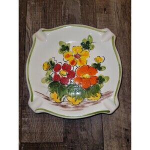 Vintage 1970s Hand Painted Floral Ceramic Ashtray From Brazil